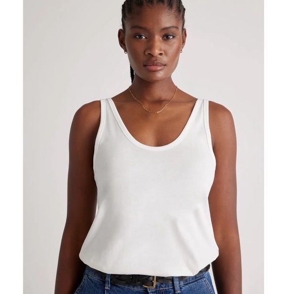QUINCE • White Cotton Modal Double Scoop Neck Tank Tee Shirt - Picture 5 of 7
